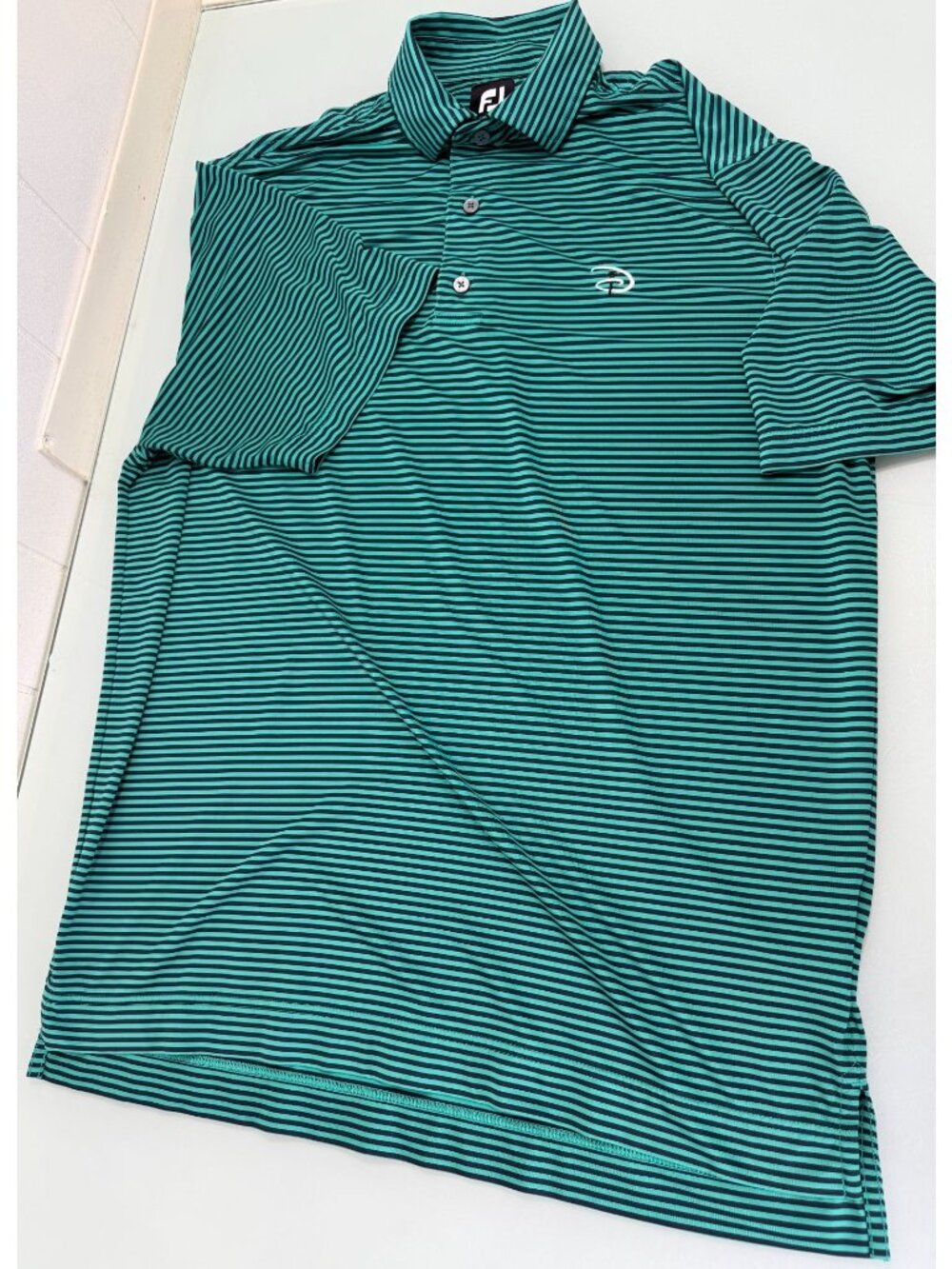 Disney Golf Footjoy Shirt Men Medium M Green Blue Striped Polo Walt Disney World